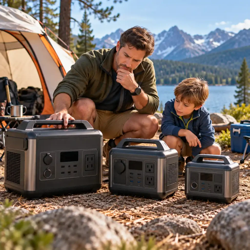 Man and child comparing three portable power stations at a lakeside campsite