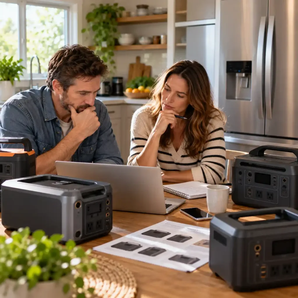 Couple comparing several portable power stations at a kitchen table with a laptop and notes