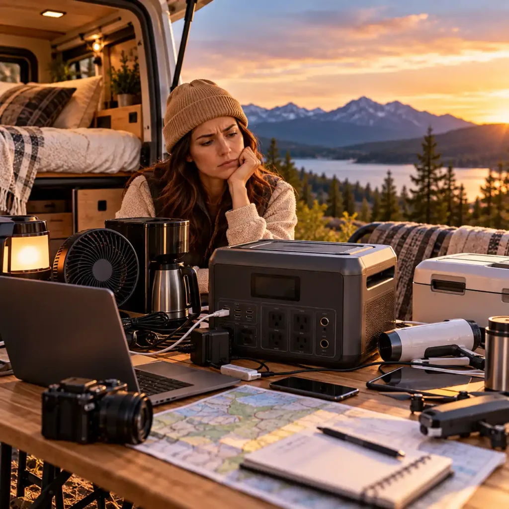 Portable power station and camping equipment arranged on a table beside an open camper van