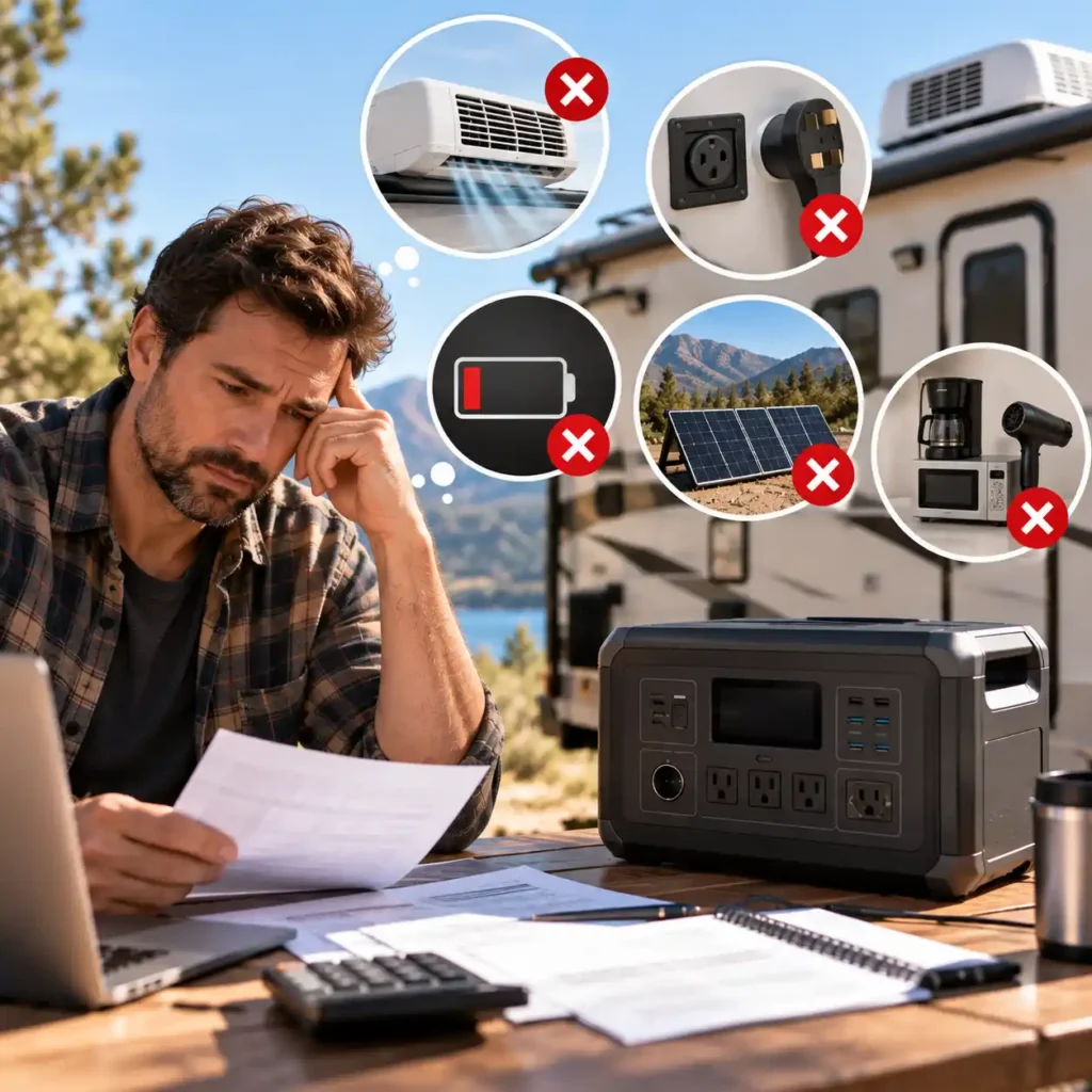 Man reviewing RV power equipment and documents beside a portable power station with warning symbols, an RV, solar panels, and appliances