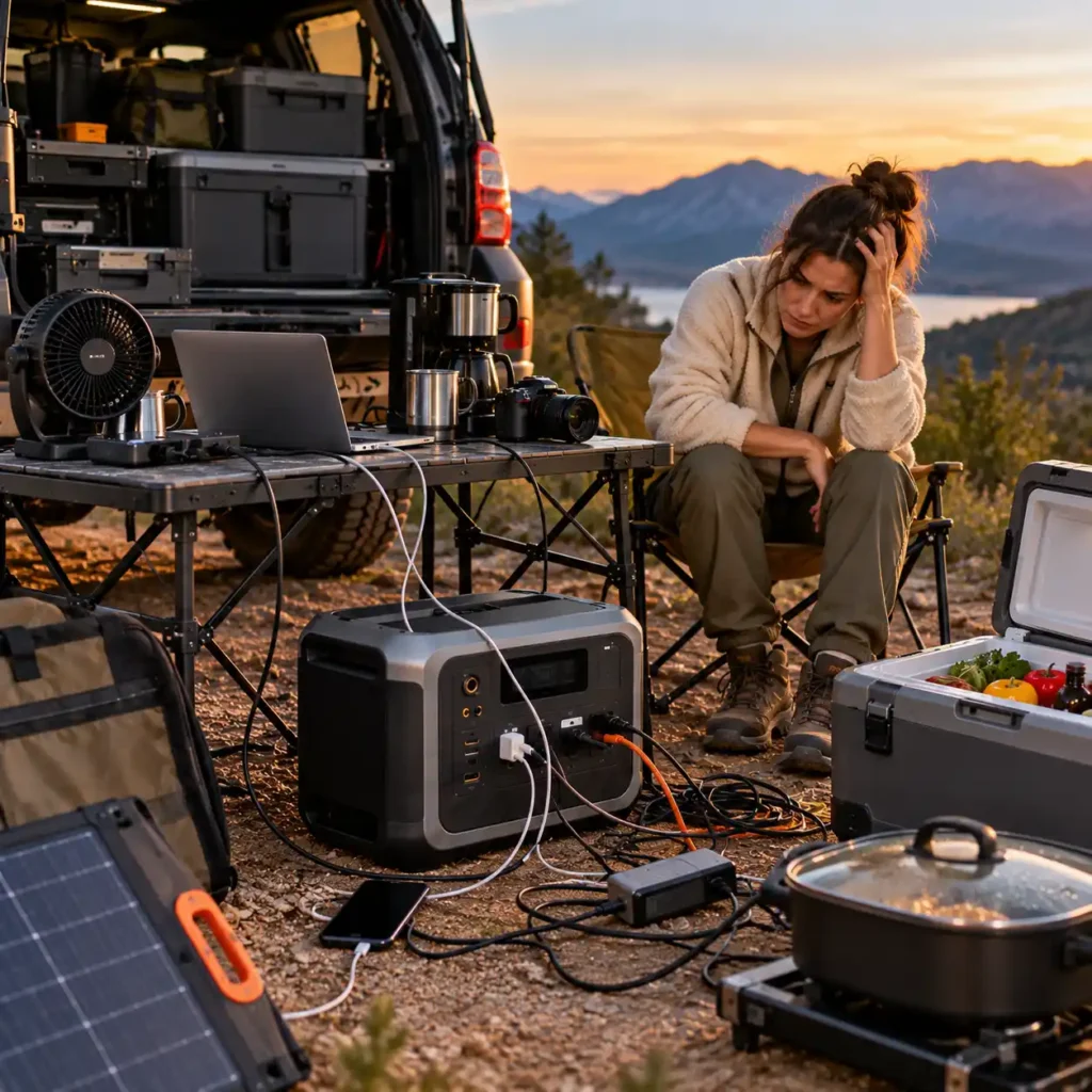 Overlanding campsite with tangled power cables, portable power station, solar panel, camping equipment, and a woman sitting beside the vehicle
