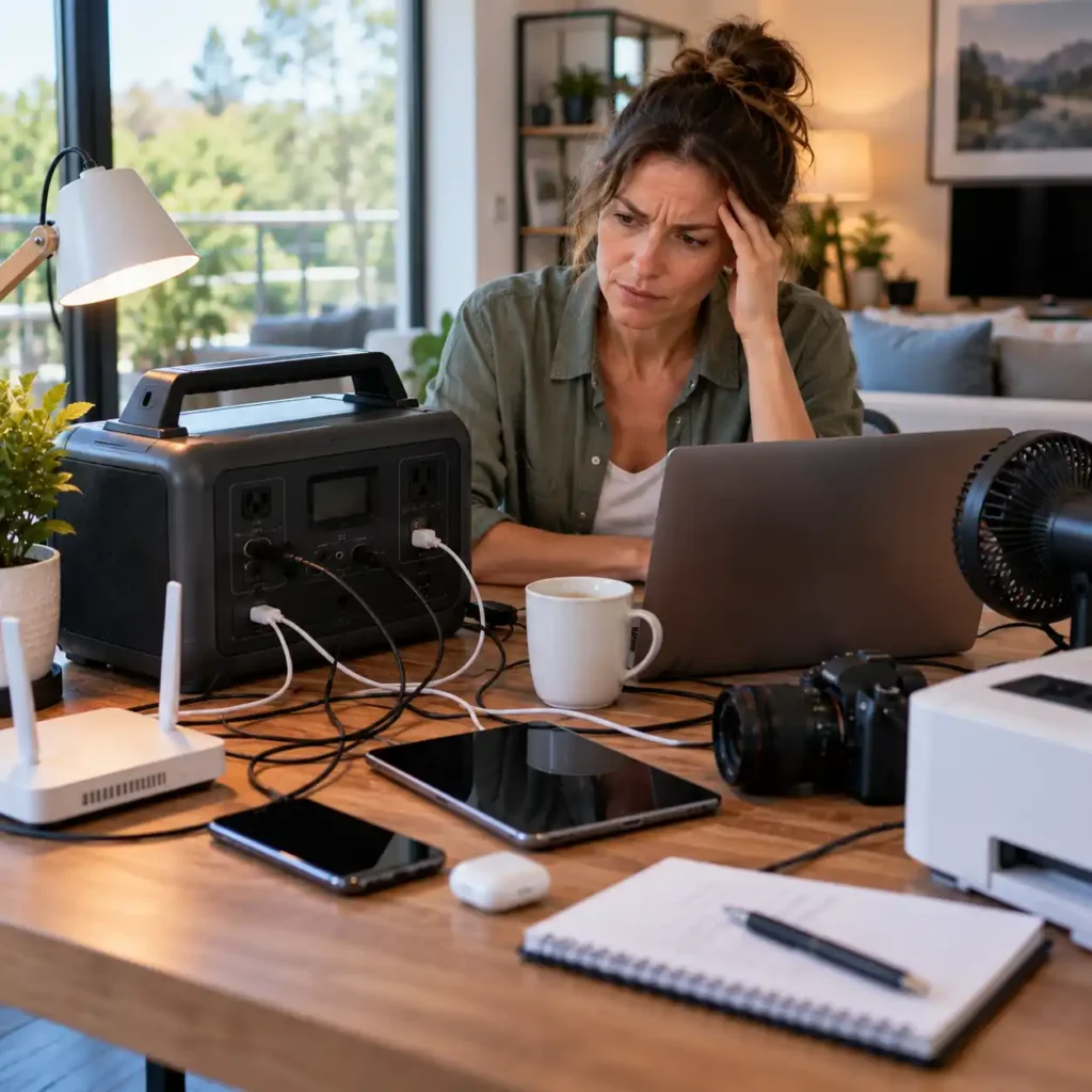Woman looking concerned at a table with a portable power station, laptop, router, fan, camera, tablet, and charging cables