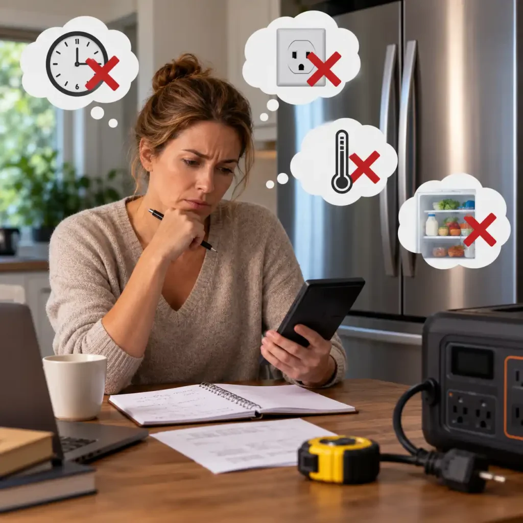Person reviewing refrigerator runtime calculations during a power outage with a calculator, notes, and portable power station nearby