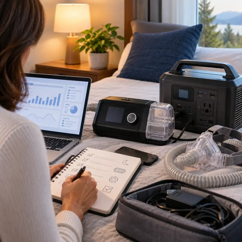 CPAP machine operating beside a power meter and portable battery during a runtime test