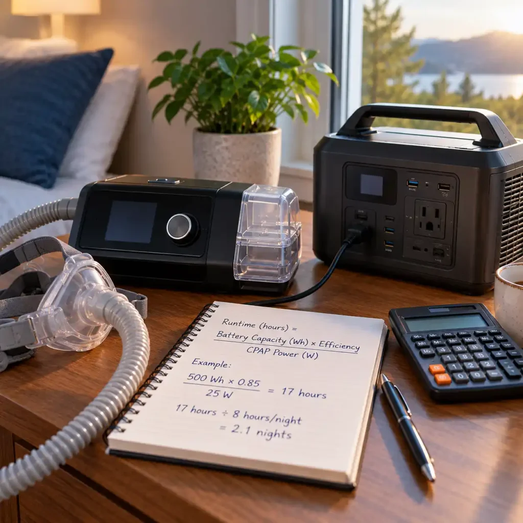 CPAP machine connected to a portable power station with a calculator and notebook showing a battery runtime calculation