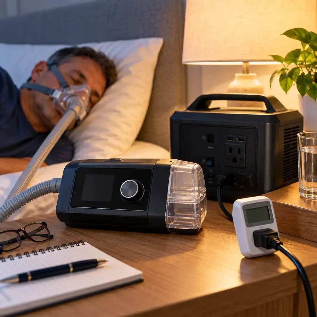 CPAP machine with power adapter showing the electrical connection used during operation