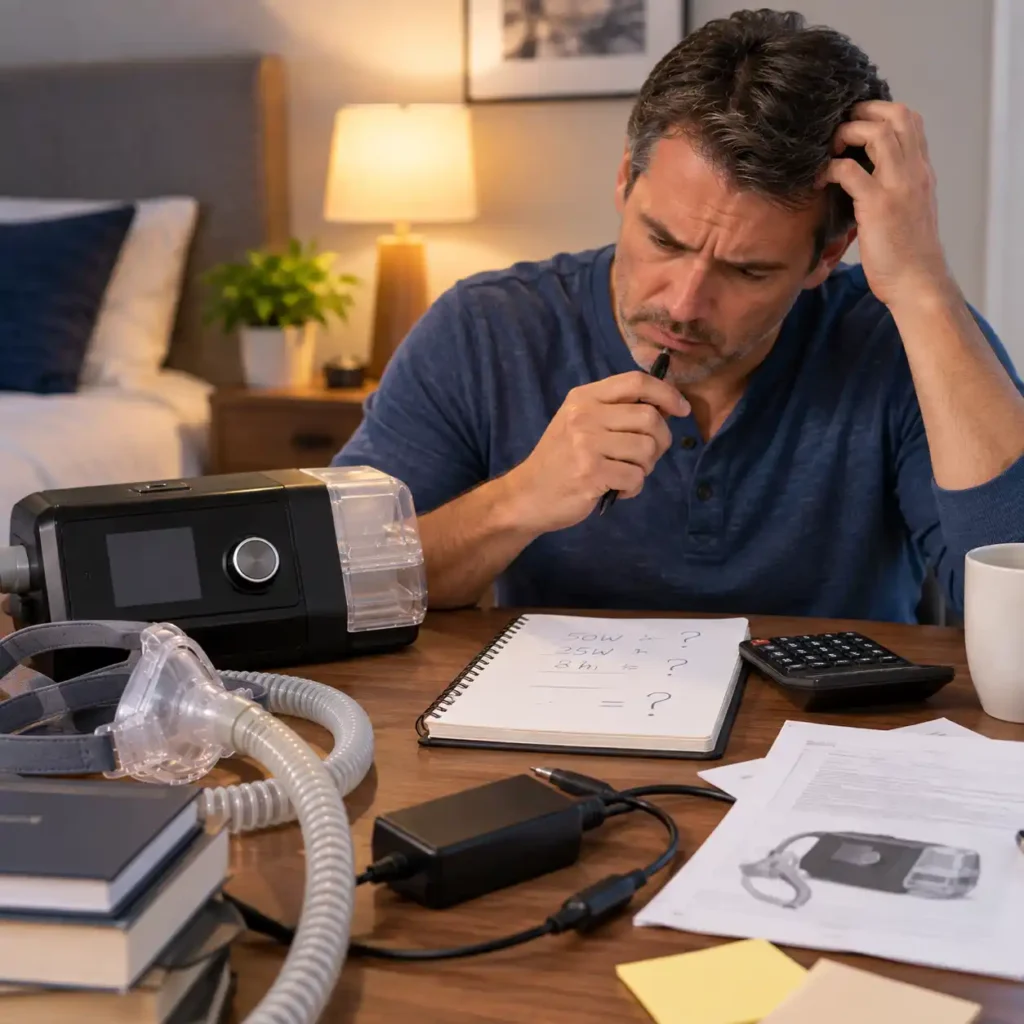 Person reviewing CPAP runtime calculations with a CPAP machine, calculator, power adapter, and notes
