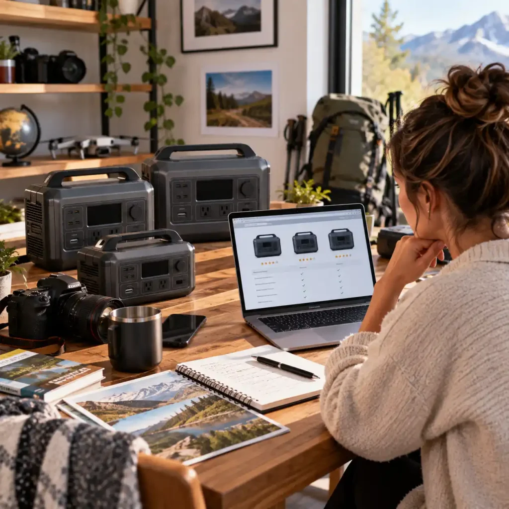 Woman comparing portable power stations on a laptop at a home workspace