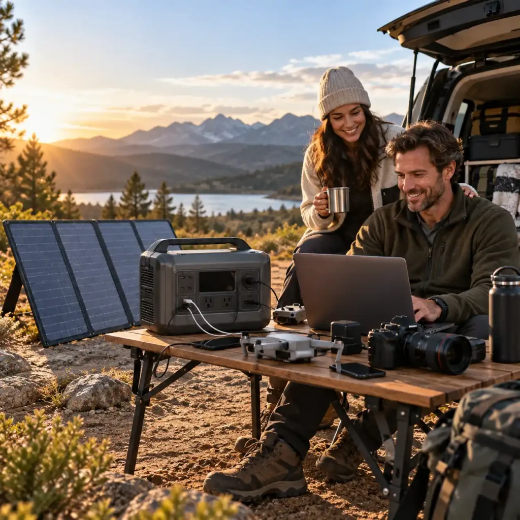 Two people using a laptop beside a portable power station and solar panels at a mountain campsite