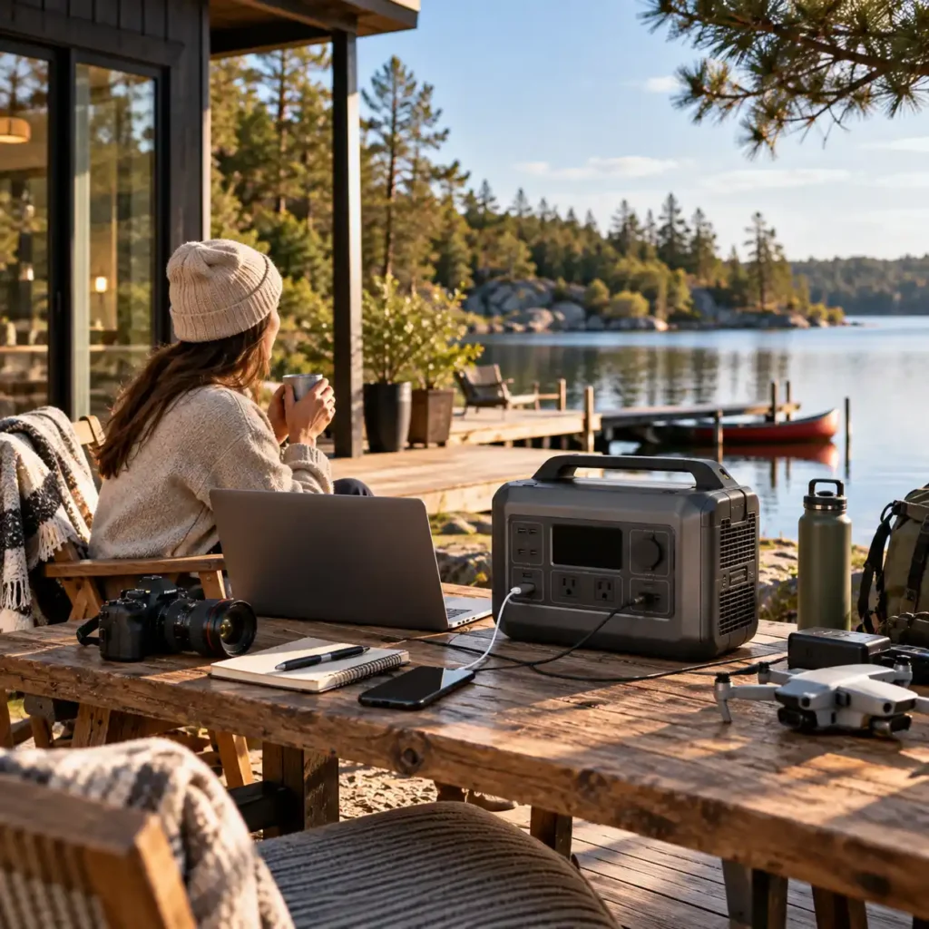 Woman sitting beside a portable power station, laptop, camera and drone near a lakeside cabin