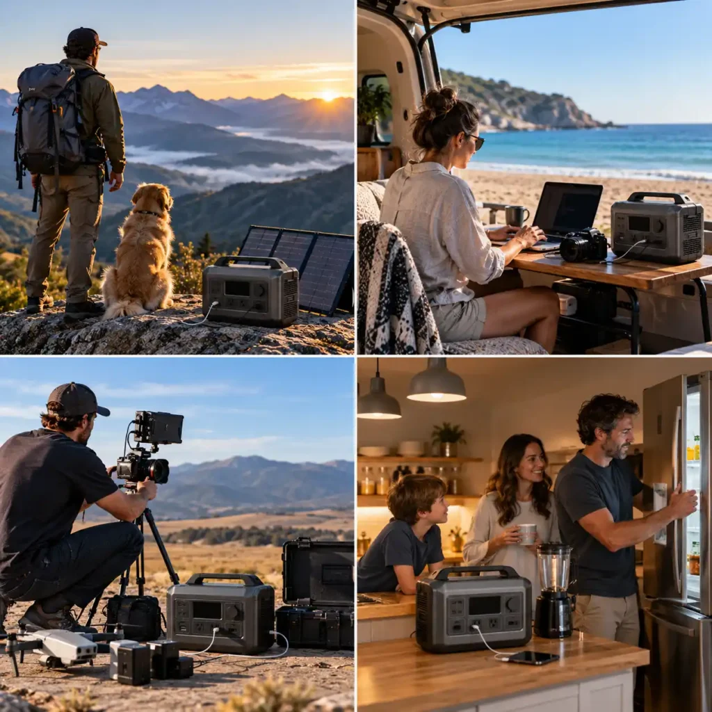 People using portable power stations for outdoor recreation, mobile work, professional filming, and home backup