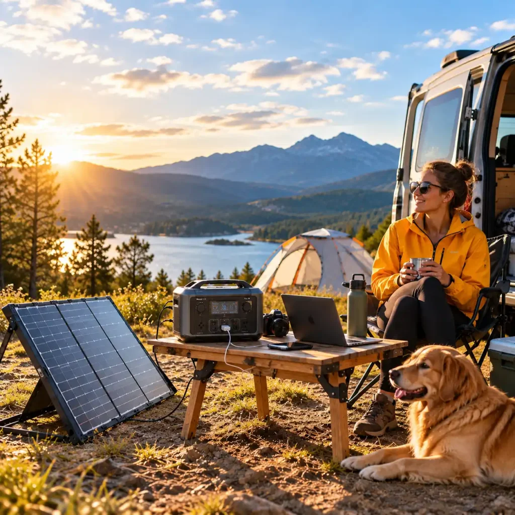 Woman relaxing beside a portable power station and solar panels at a sunny mountain campsite with a laptop and dog