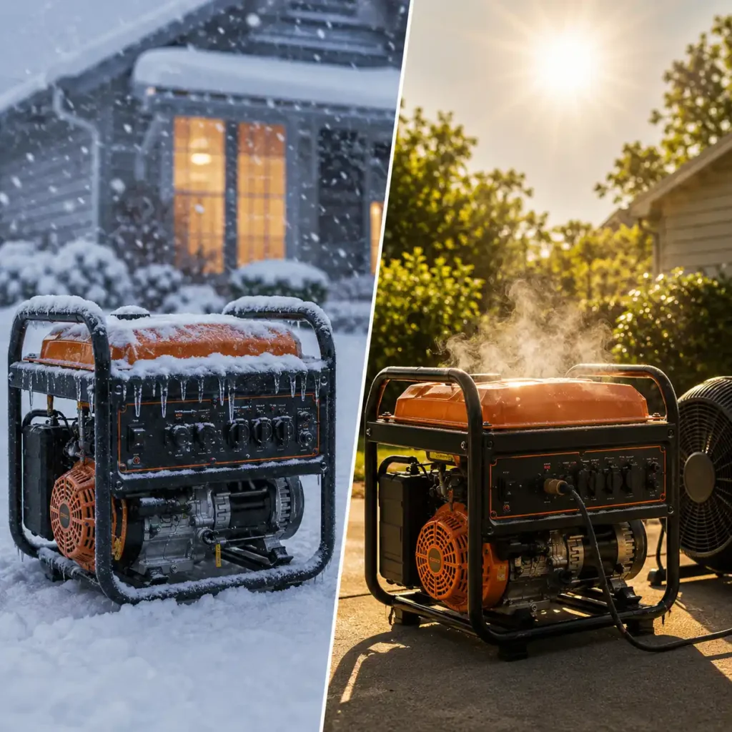 Portable dual fuel generator shown operating in snowy winter conditions and hot summer weather outdoors.
