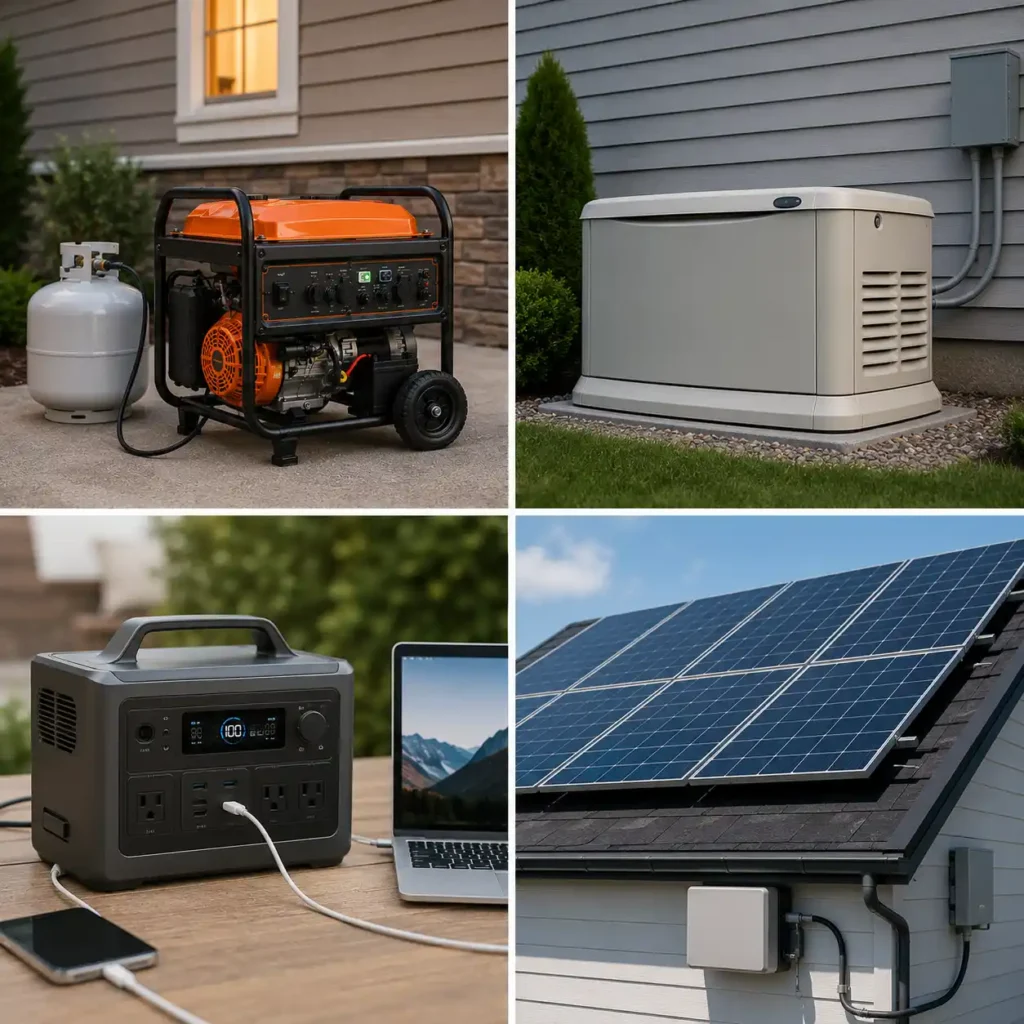 Portable dual fuel generator, standby generator, portable power station, and solar power system shown as backup power options.