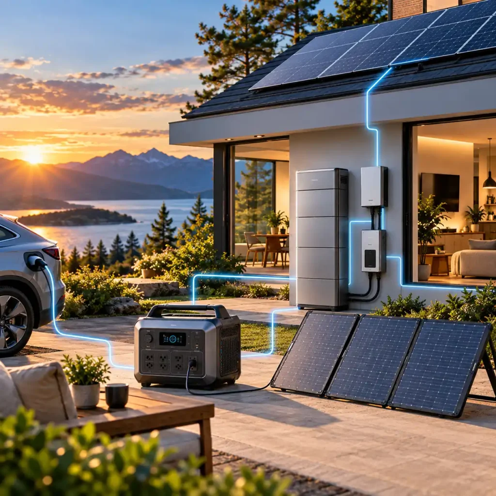 Modern home with rooftop solar panels, battery storage, portable power station, and electric vehicle connected through an energy system
