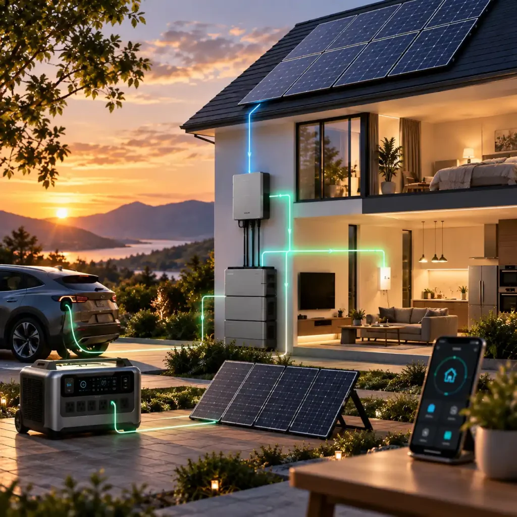 Modern home with rooftop solar panels, battery storage, portable power station, electric vehicle, and energy monitoring device