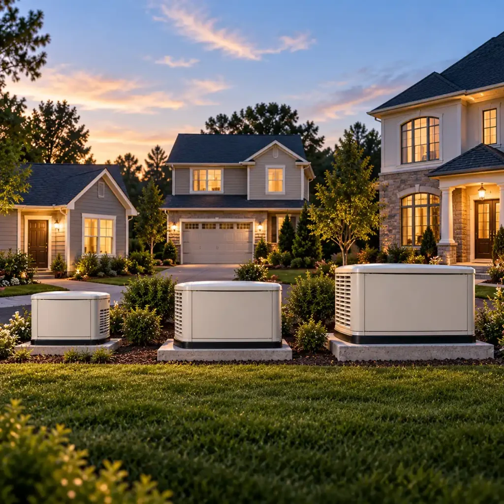Three residential homes with different size standby generators representing varying electrical loads