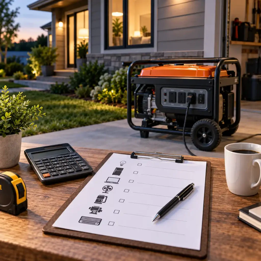 Portable generator beside a home with a calculator and checklist used to estimate required generator capacity