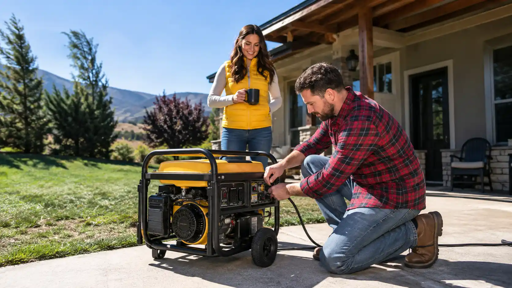 Homeowner checking a portable generator outdoors while planning backup power for a residential home