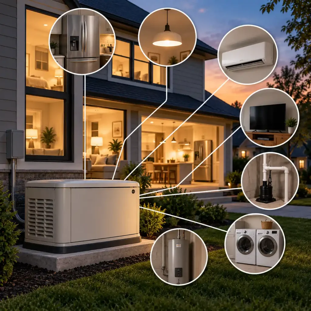 Standby generator beside a typical home with common household appliances illustrating generator size requirements