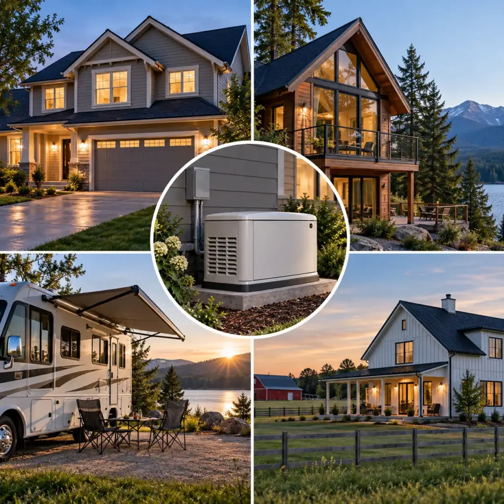 Realistic standby generators shown with different residential homes representing varying electrical loads and backup power needs