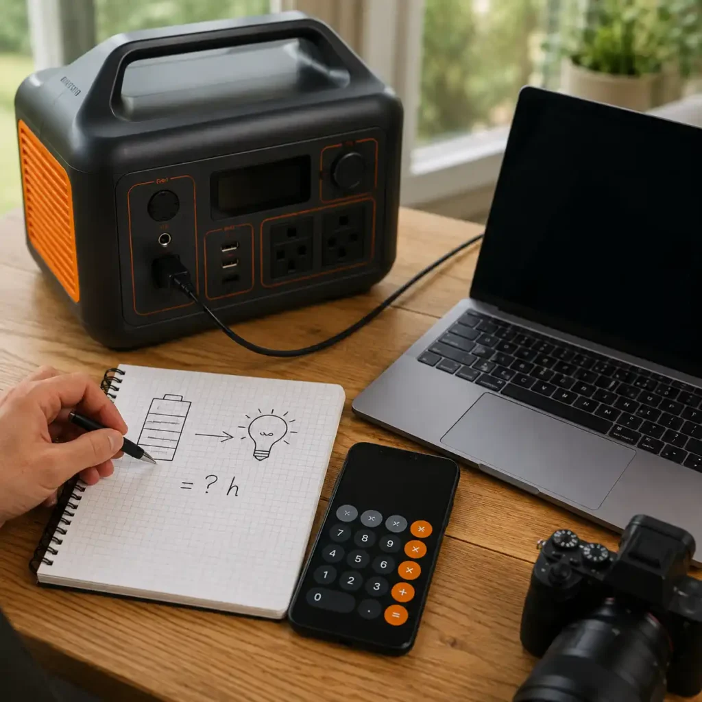 Portable power station connected to a laptop for illustrating battery runtime calculations.