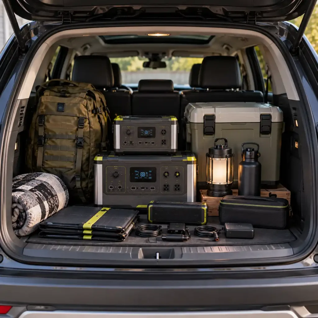 Portable power stations, cooler, lantern, backpack, solar panels, and charging accessories arranged in an SUV cargo area