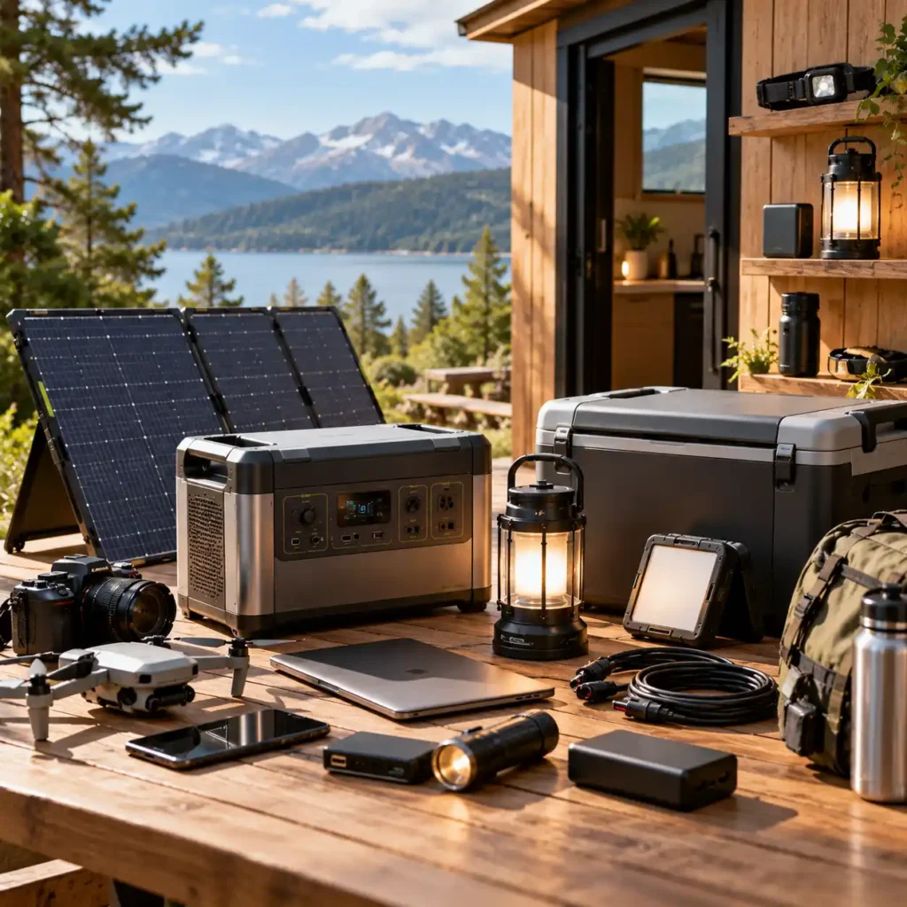 Portable power station, solar panels, cooler, lanterns, electronics, and outdoor gear on a wooden deck