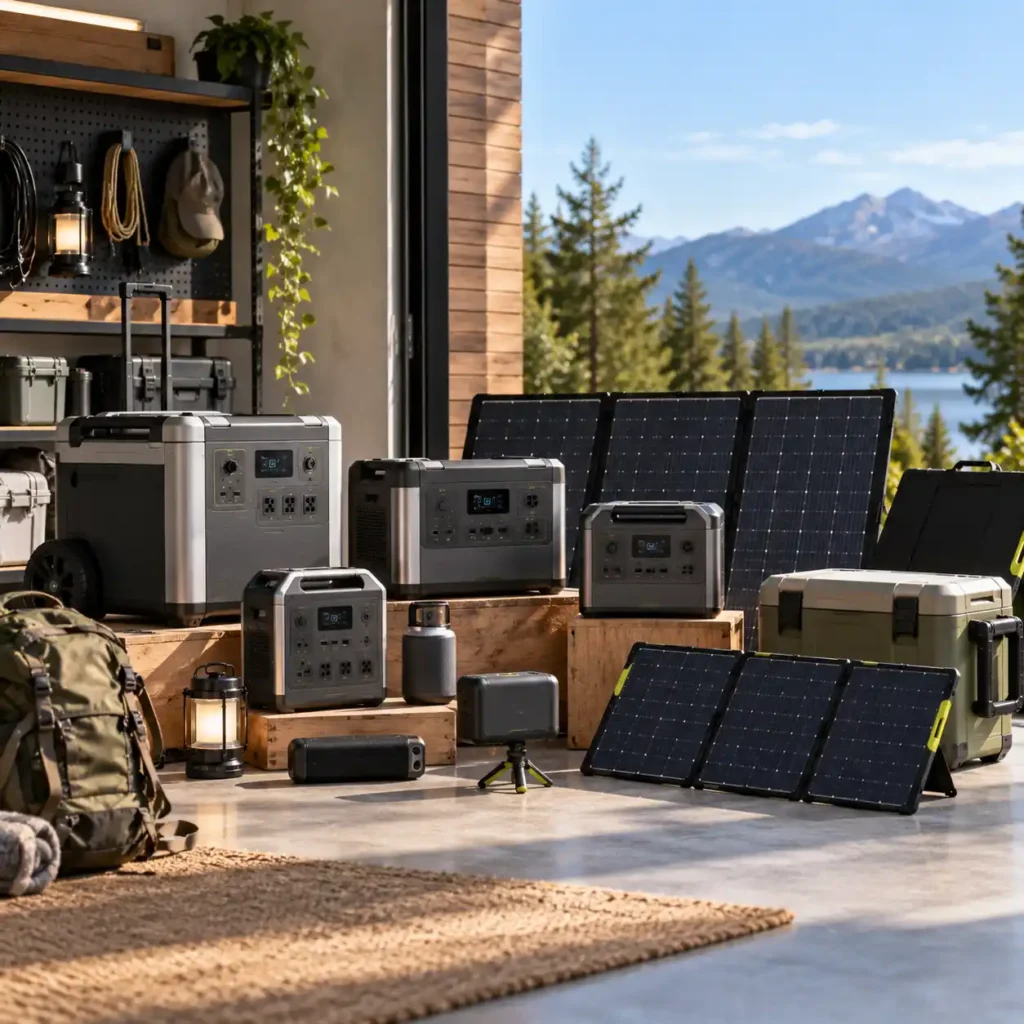 Several portable power stations, solar panels, coolers, lanterns, and outdoor equipment arranged in a workshop