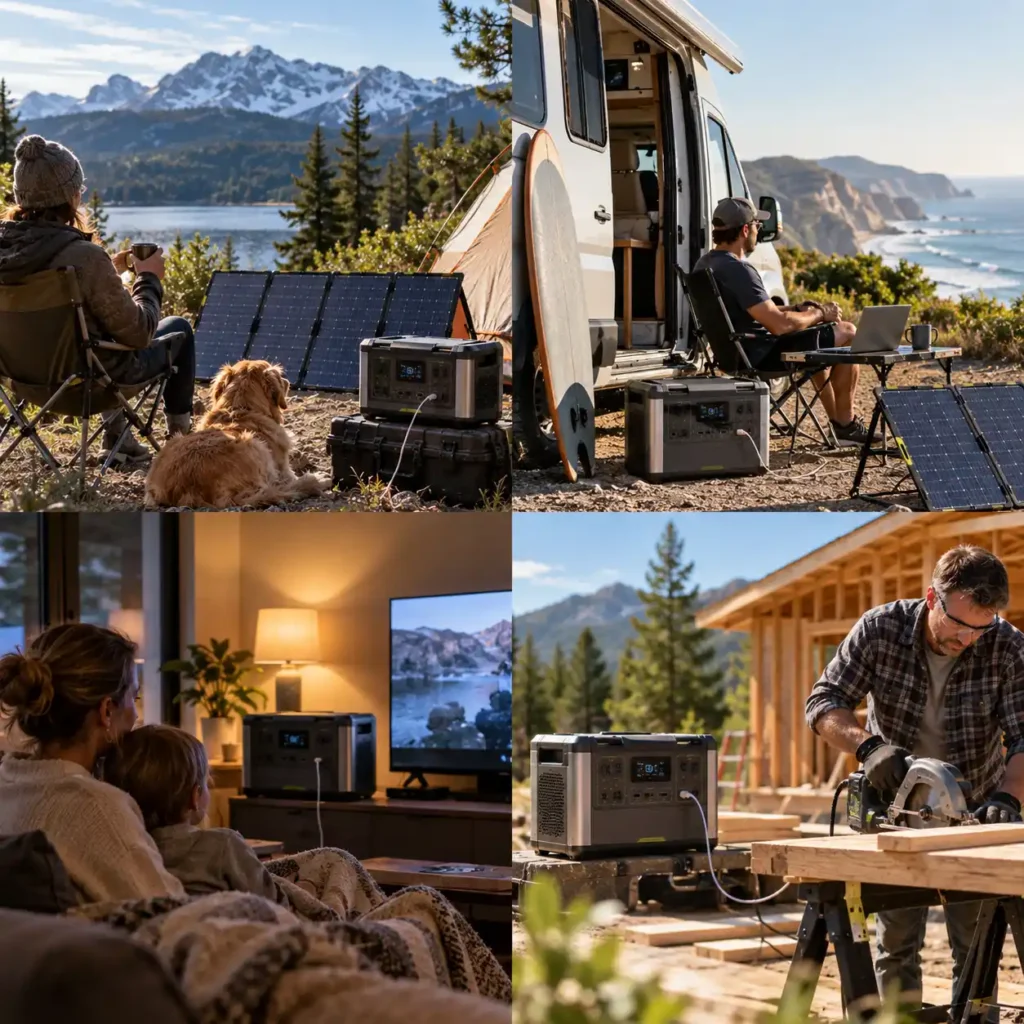 Four lifestyle scenes showing camping, RV travel, home backup, and DIY power use