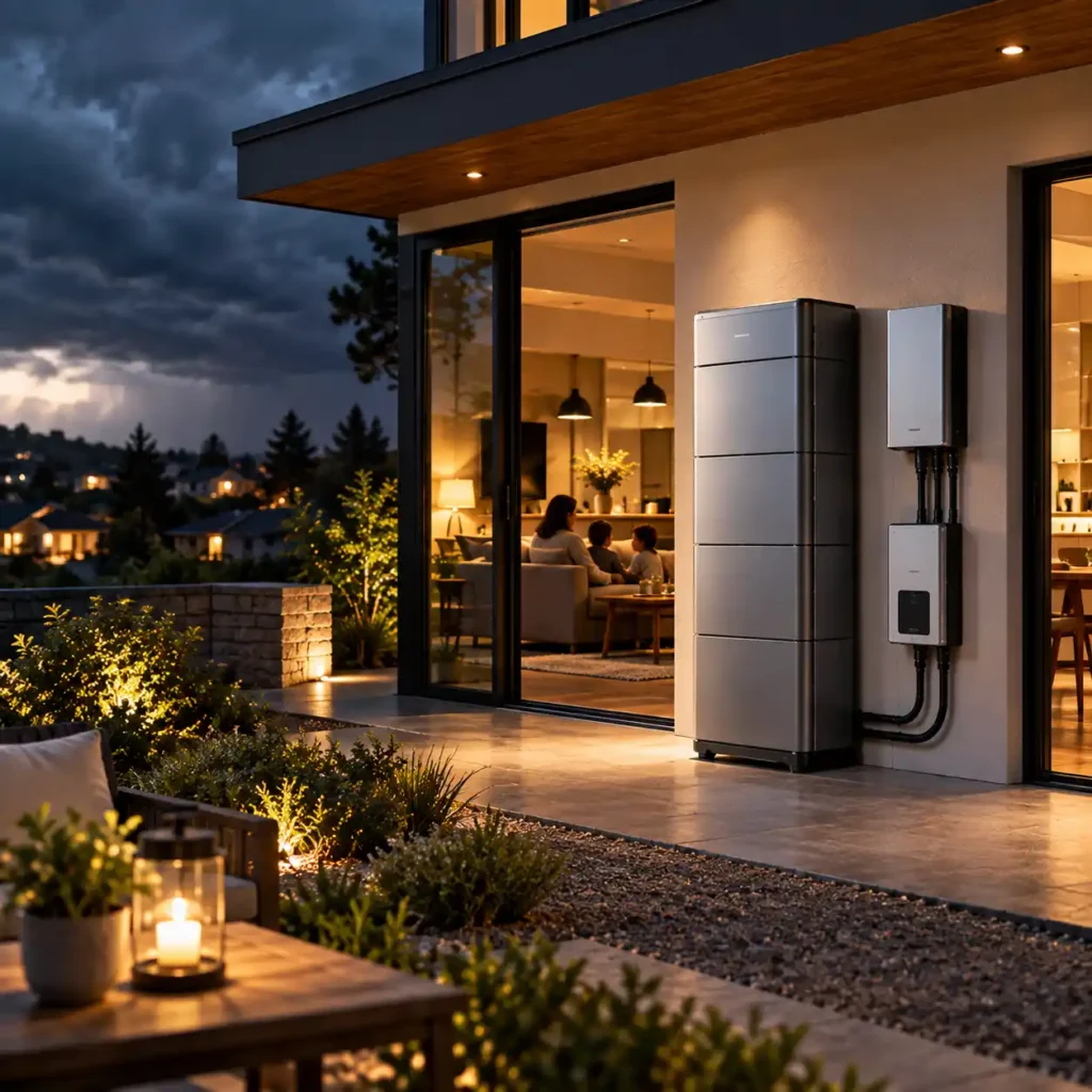 Wall-mounted home battery system beside a modern house with a family visible indoors during a stormy evening