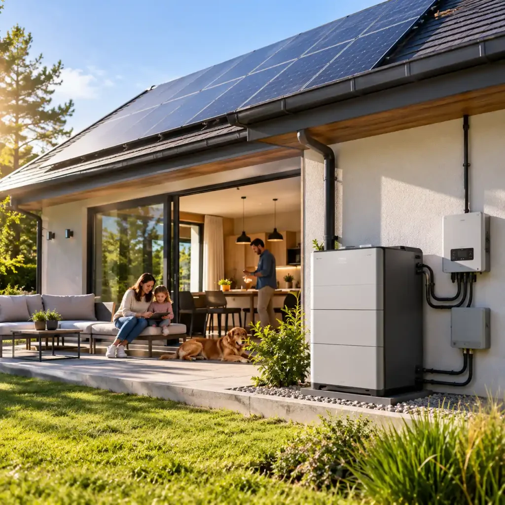 Modern home with rooftop solar panels, a home battery storage unit, electrical equipment, and a family outdoors