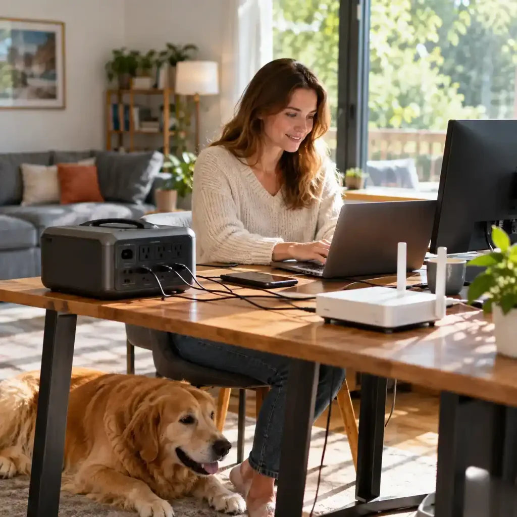 Woman working on a laptop beside a portable power station in a home office