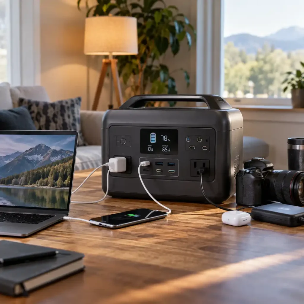 Portable power station on a wooden table connected to a laptop, smartphone, and camera
