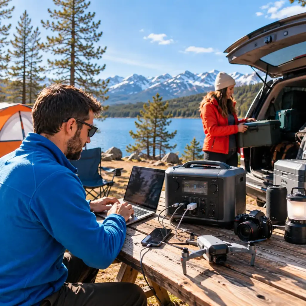 Couple using a portable power station to charge a laptop, phone, camera, and other devices at a sunny lakeside campsite