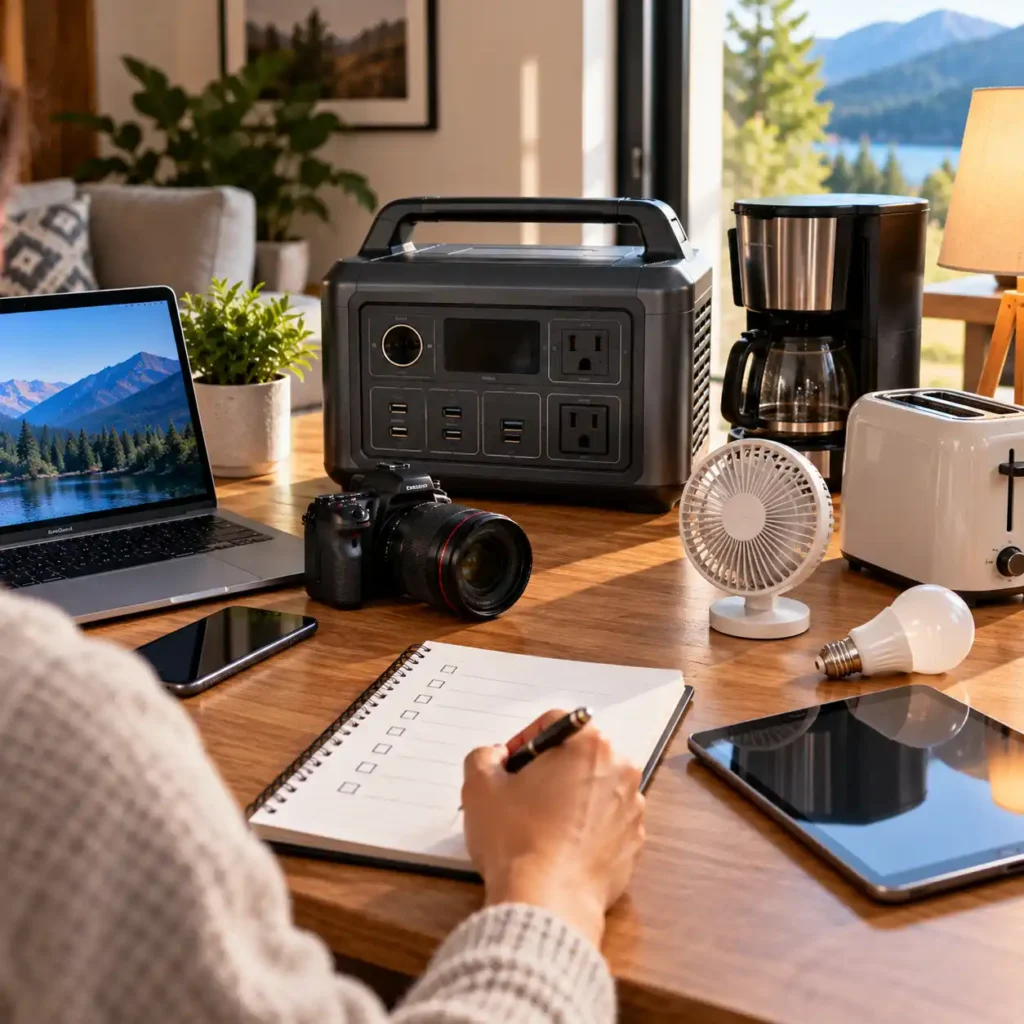 Portable power station powering household devices while a person plans battery capacity