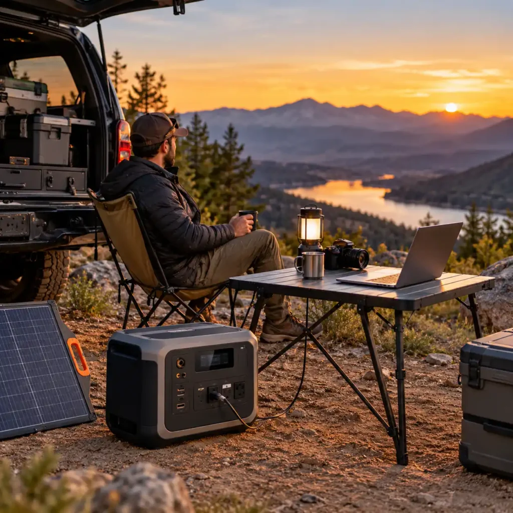 Overlanding campsite with a portable power station, solar panel, SUV, laptop, and camping gear overlooking a mountain lake