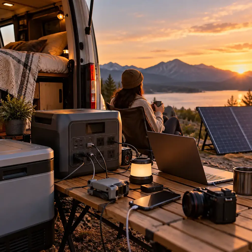 Camper van with a portable power station, solar panel, laptop, camera, phone, and other camping equipment beside a mountain lake