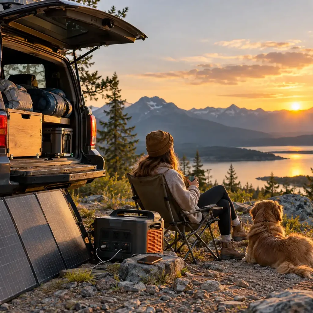 Overlanding campsite with an SUV, portable power station, solar panels, camping gear, and a person sitting beside a mountain lake