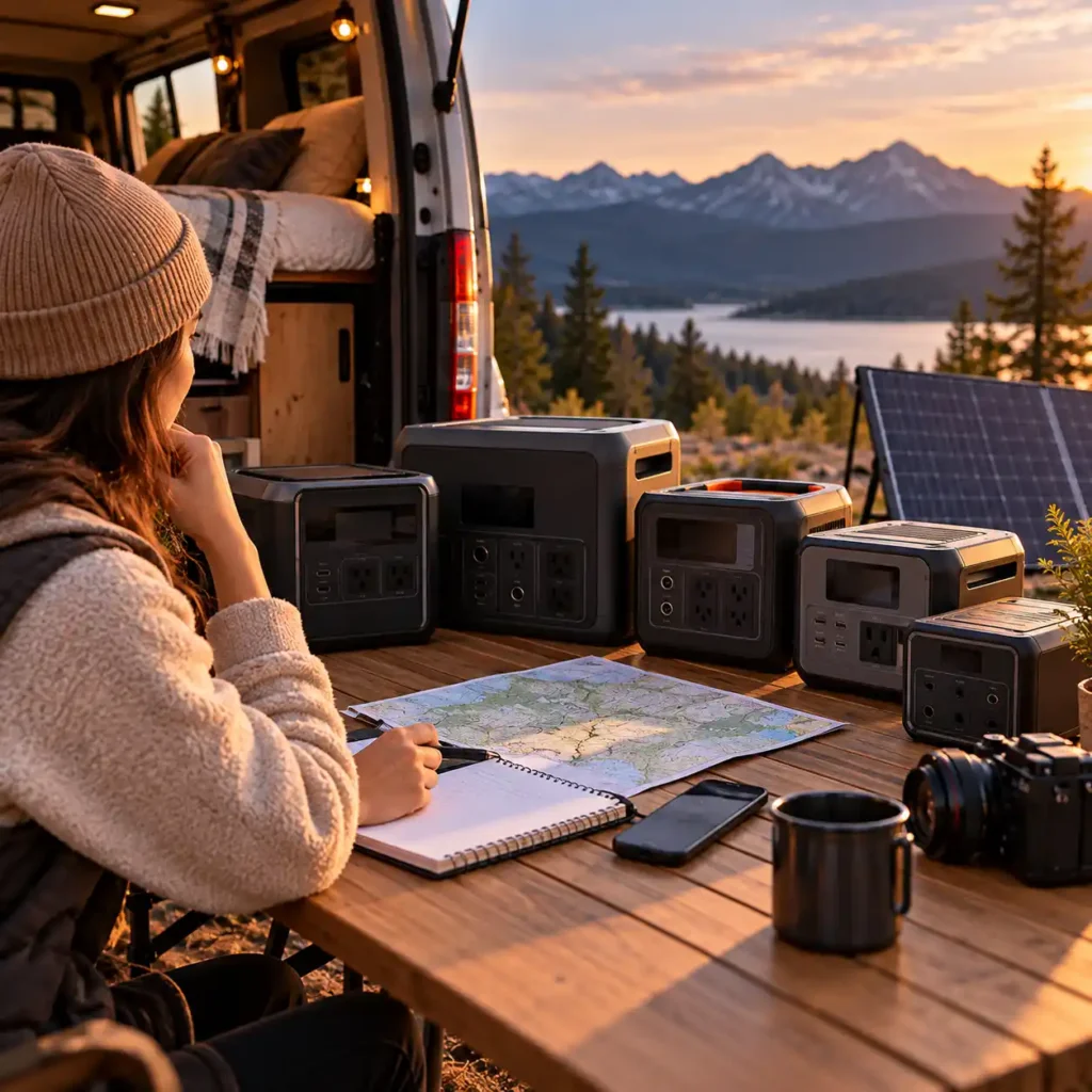 Woman comparing portable power stations with a map and notebook beside an open camper van