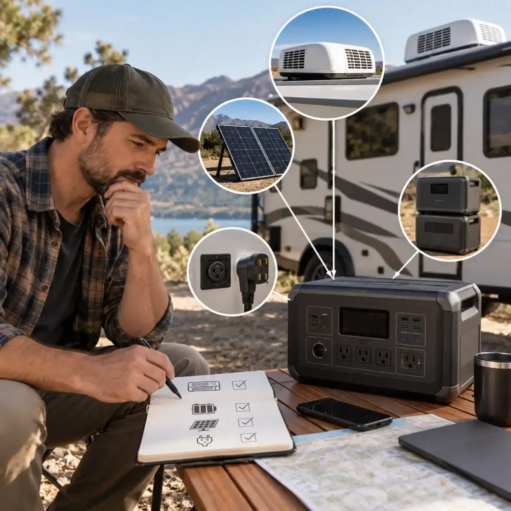 Man planning an RV power setup beside a portable power station with an RV, rooftop air conditioner, solar panels, and power connections