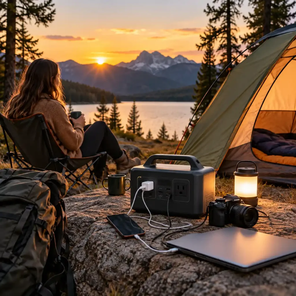 Portable power station charging a phone and laptop beside a tent at a mountain campsite