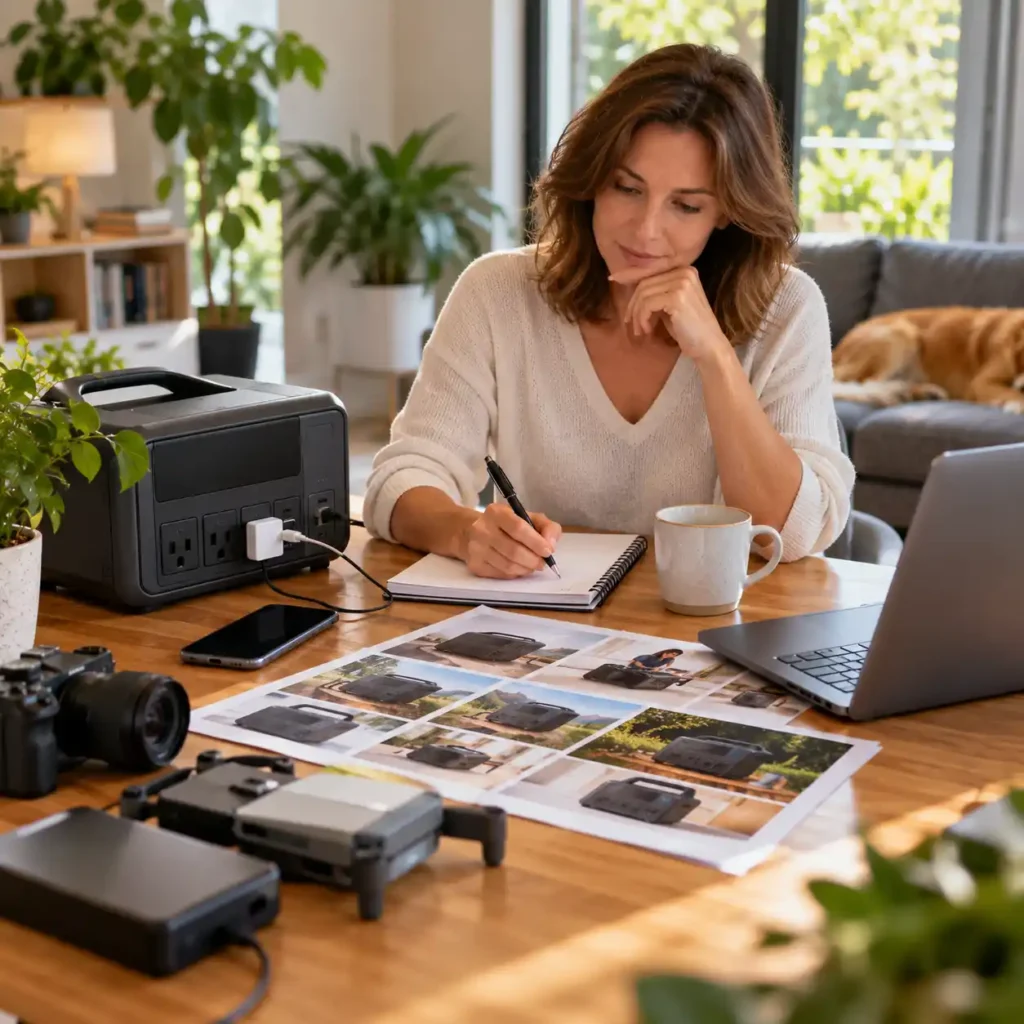 Woman comparing portable power stations at a home office desk with a laptop, camera, and notebook