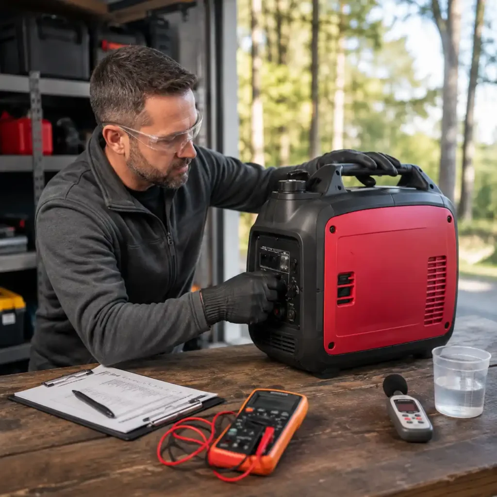 Person evaluating a portable inverter generator with testing equipment in a workshop