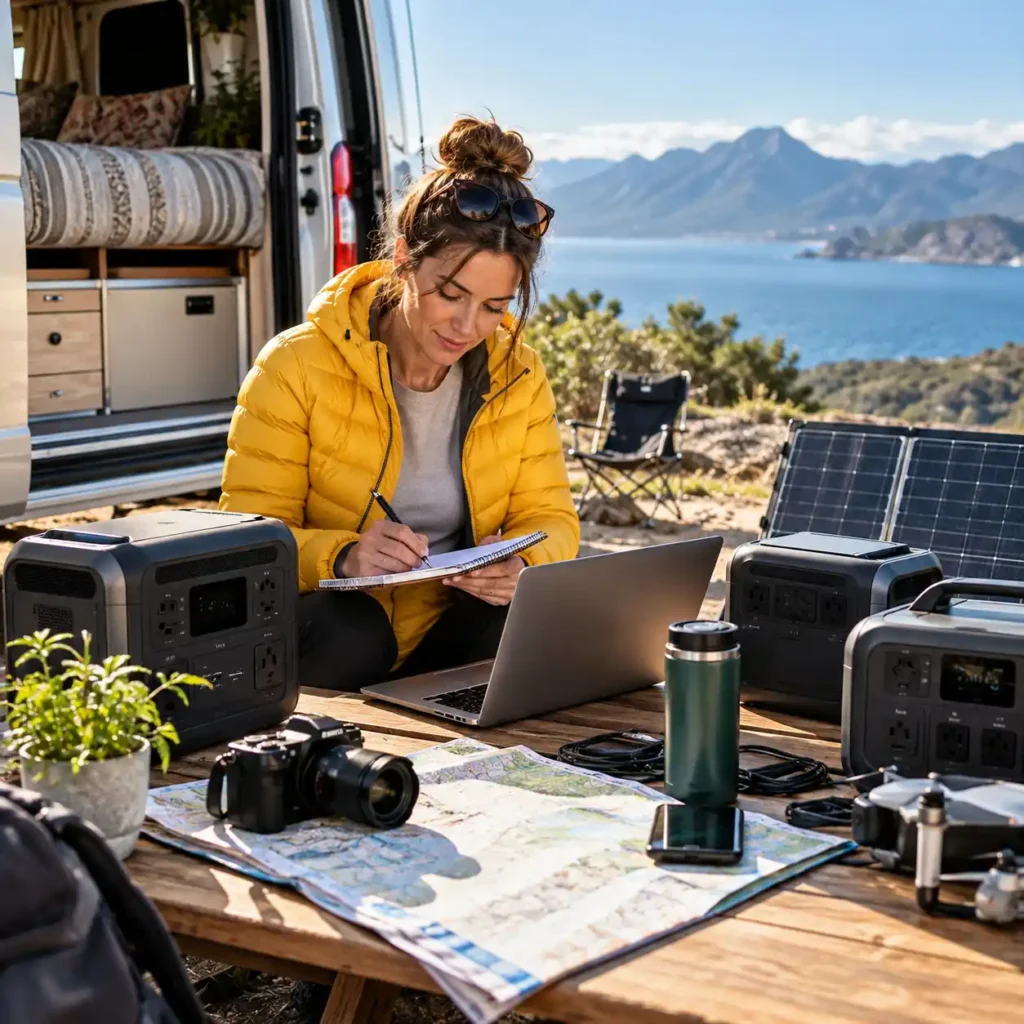 Woman comparing portable power stations with a laptop, map, camera, solar panel, and camping equipment beside a camper van