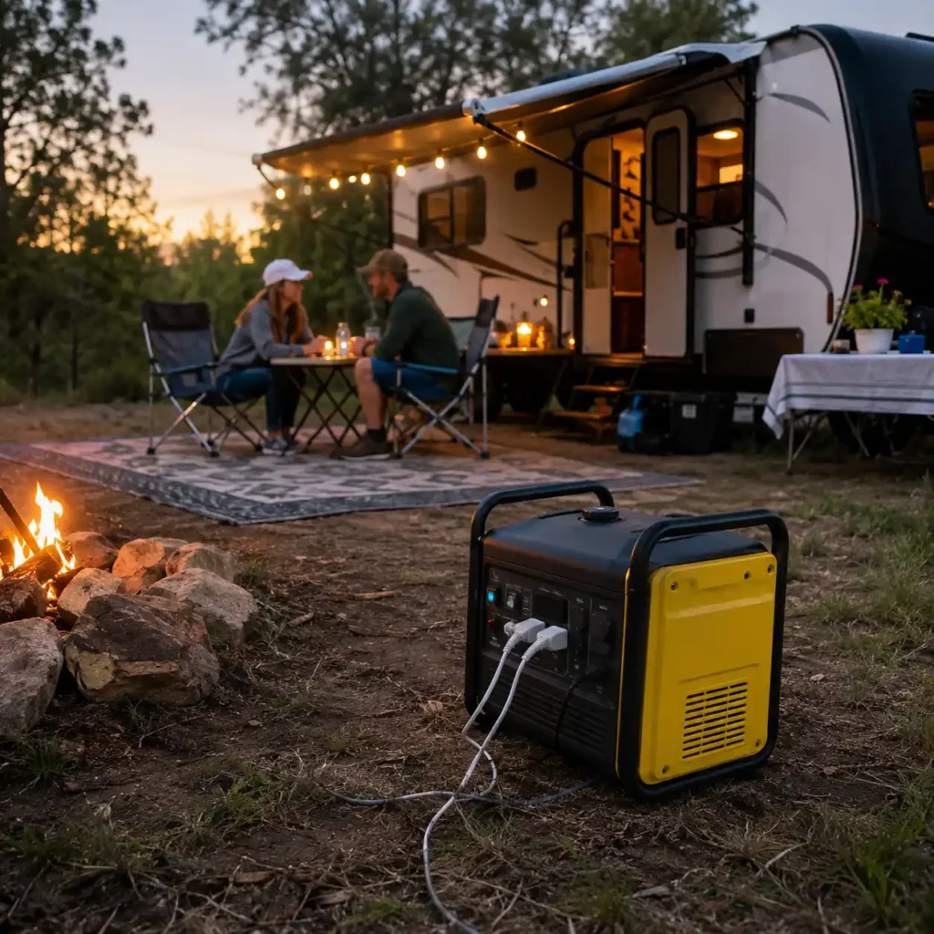 Portable inverter generator powering an RV campsite with outdoor lighting and camping equipment at sunset