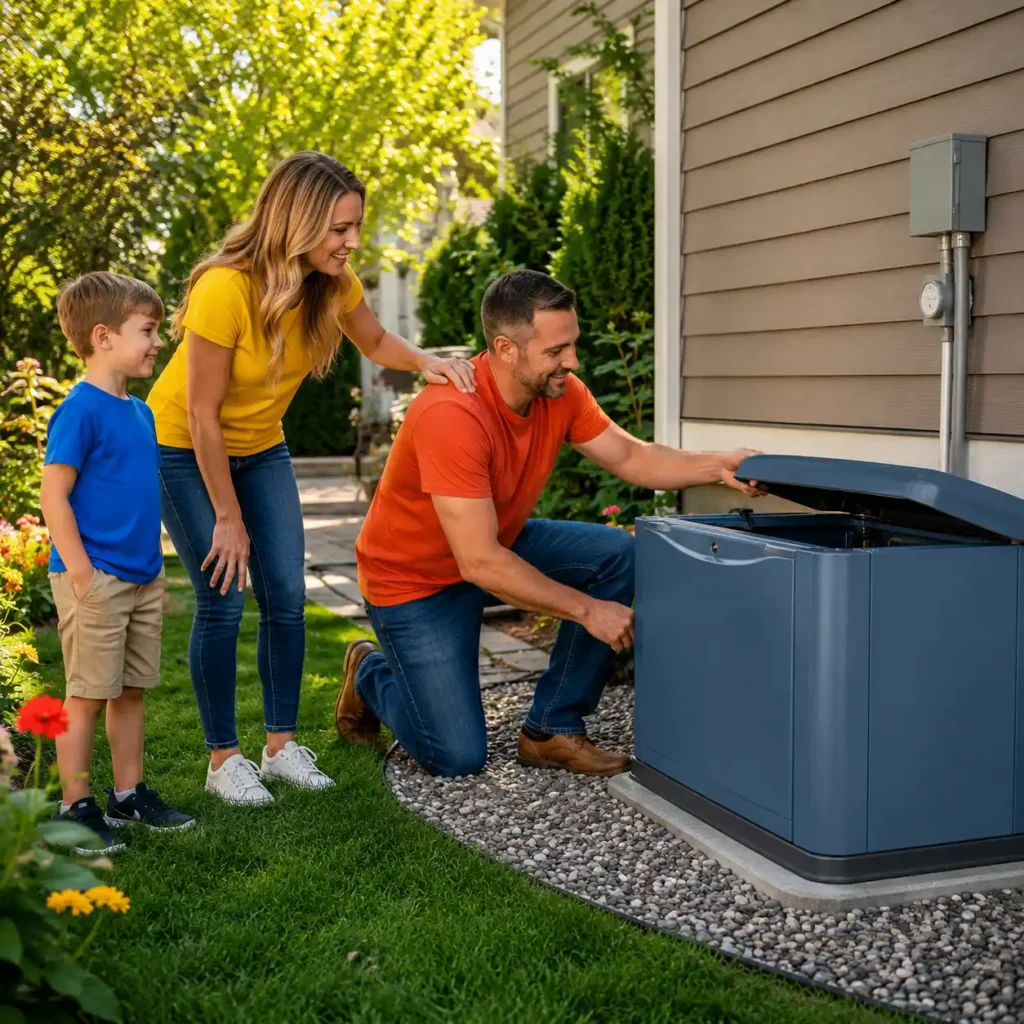 KOHLER RCA 20,000-Watt standby generator installed beside a suburban home with its cover open.