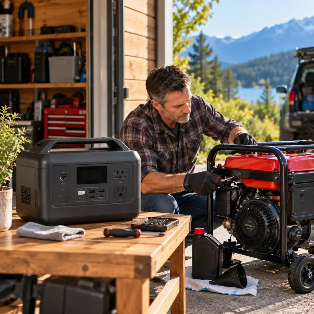 Man servicing a portable generator beside a portable power station on a wooden workbench