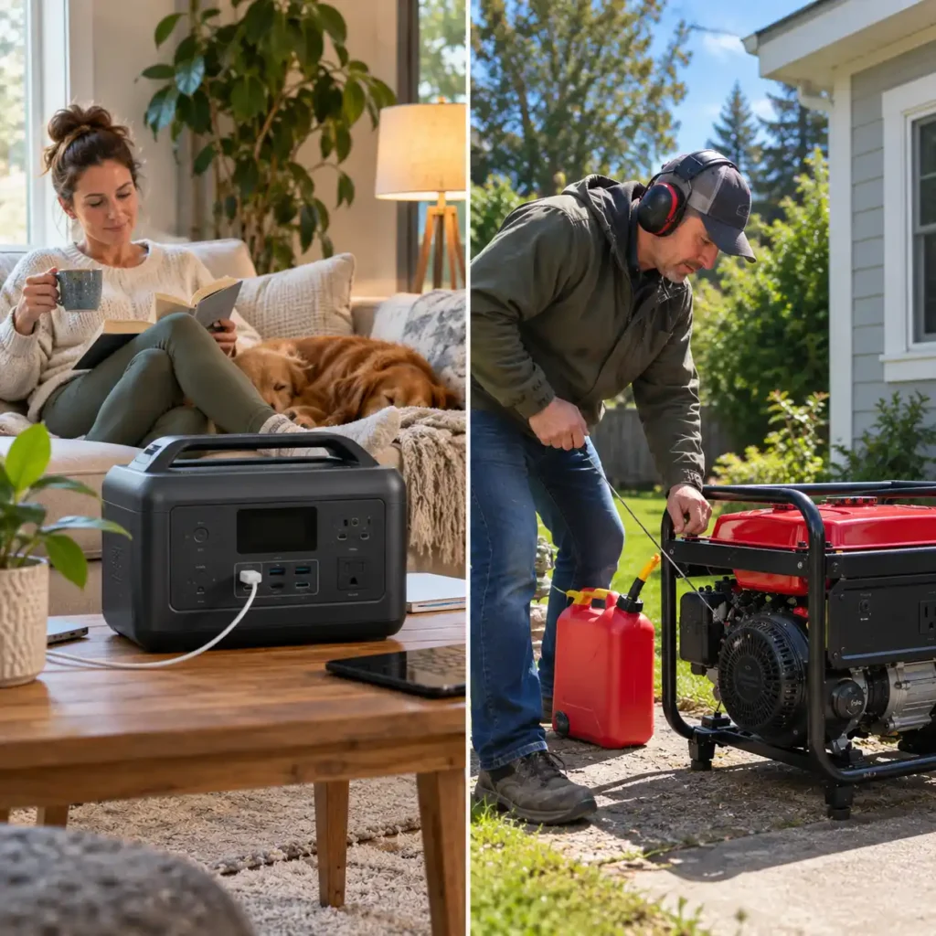 Woman sitting beside a portable power station at a campsite while a man operates a fuel generator outdoors