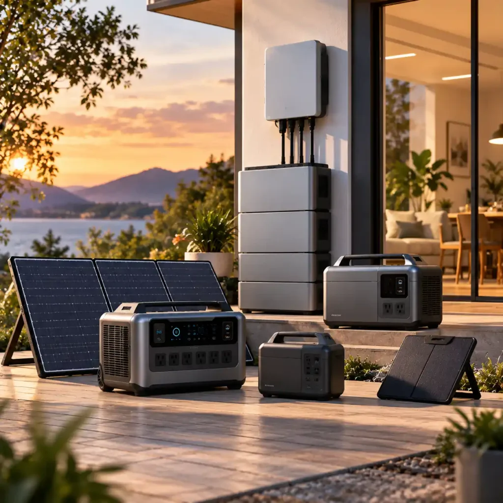 Portable power stations, modular battery units, solar panels, and home energy equipment arranged on a modern terrace